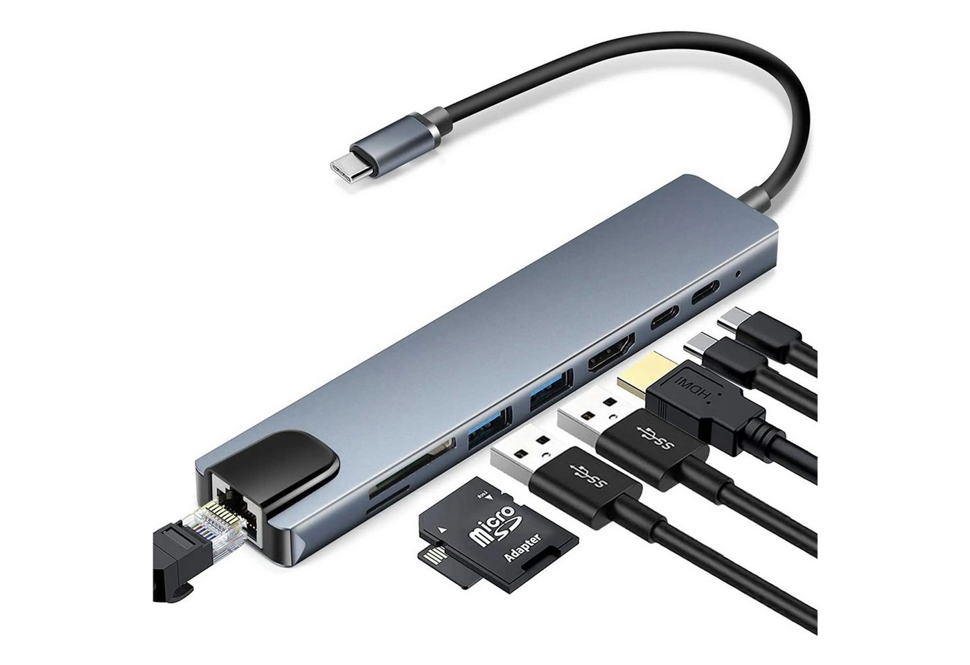 ENGELMANN EnM0537, TypC-Hub-8 USB-Adapter USB-C zu HDMI, RJ45, LAN, SD-Karte, USB Typ A von ENGELMANN