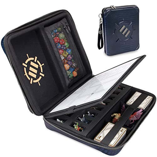 ENHANCE RPG-Organizer-Etui, Sammleredition – DND-Ordner mit integriertem Charakterbogenhalter, Würfelrollbereich, herausnehmbarer Stifttasche, Miniatur-Schaumstoffablage (Drachen Blau) von ENHANCE