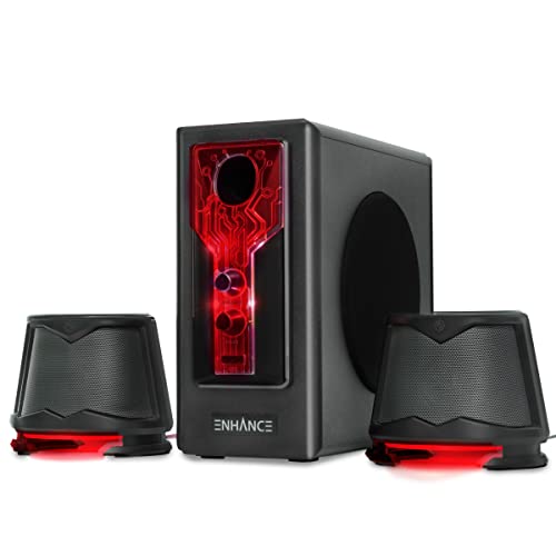 ENHANCE SB 2.1 Computerlautsprecher mit Subwoofer – Rot LED-Gaming-Lautsprecher, High-Excursion-Soundsystem, AC-betrieben, Lautstärke- und Bassregelung, Kompatibel mit Gaming-PC, Desktop, Laptop von ENHANCE