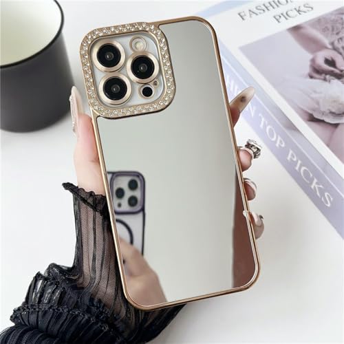 ENILSA Diamant für Make-up-Spiegel-Hülle für iPhone 14 15 Pro Max 13 Pro 12 Luxus-Juwelen-Abdeckung für iPhone 14 Pro Hartrückseite, Gold, für iPhone 15Pro von ENILSA