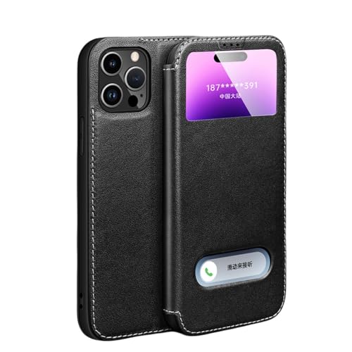 ENILSA Für iPhone 15 Pro Hülle, echtes Leder, klares Sichtfenster, magnetische Klapphülle, Schwarz, für iPhone 15 Pro von ENILSA