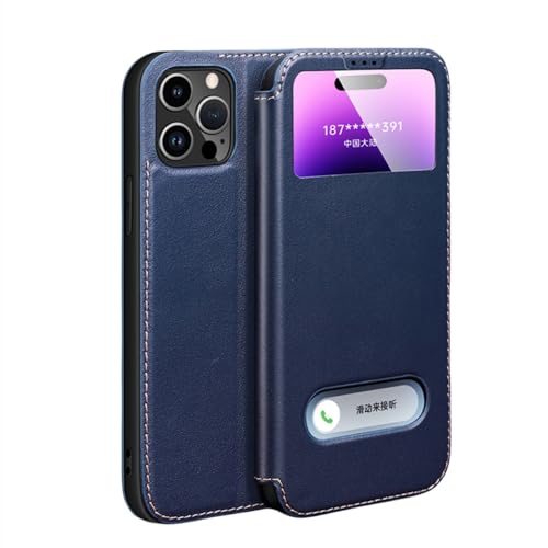 ENILSA Für iPhone 15 Pro Hülle, echtes Leder, klares Sichtfenster, magnetische Klapphülle, blau, für iPhone 15 Pro von ENILSA