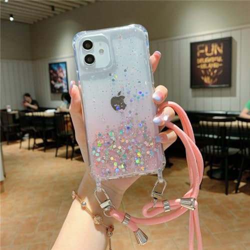 ENILSA Luxuriöse Glitzer-Farbverlaufs-transparente Umhängetasche mit Lanyard-Kordel, weiche Hülle für iPhone 14 13 12 11 Pro Max XS XR 8 7 Plus SE3-Abdeckung, Pink, für iPhone 12 ProMax von ENILSA