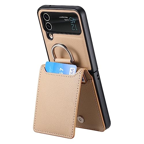 Magnetischer Ringhalter, Leder, Geldbörse, Karten, Solt-Hülle für Samsung Galaxy Z Flip 4 Flip4 Flip3 5G Zflip4, Ständer, vertikale Abdeckung, Khaki, für Samsung Z Flip 4 von ENILSA