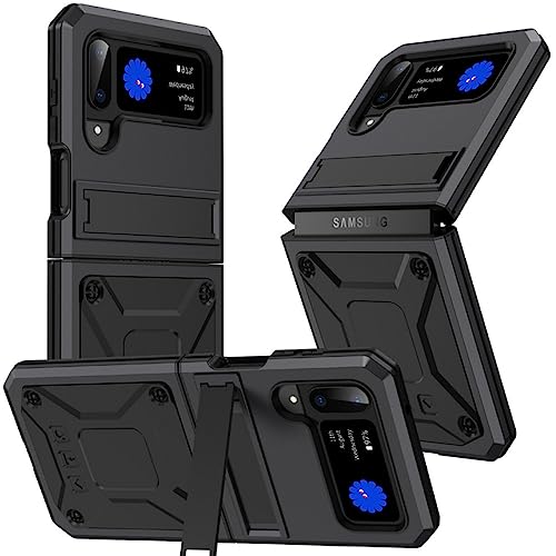 Metallgehäuse für Samsung Galaxy Z Flip4 Hülle Zflip4 Flip 3 4 5G Cover Fundas Armor Heavy Duty stoßfester Silikon-Coque-Ständer, Schwarz, für Galaxy Z Flip 4 von ENILSA