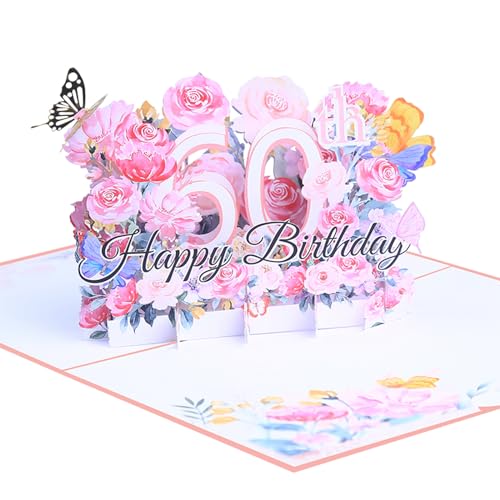 ENLACE Geburtstagskarte 60, 3D Blume Pop Up Karte Geburtstag Grußkarte, Geburtstagskarten mit Umschlag und Notizkarte, Geburtstagsgeschenk für Frauen Mütter Mädchen Männer Freunde von ENLACE