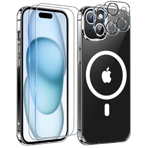 ENOH Magnetische klare Schutzhülle iPhone 15, Kompatibel mit Magsafe, 2 Glas Bildschirmschutz, Kameraschutz, Militärischer Fallschutz, Schlank, dünn, stoßfest, Handyhülle (Klar, iPhone 15) von ENOH