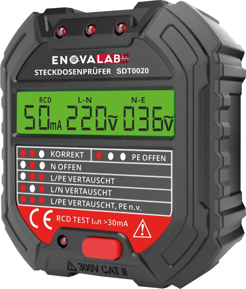 SDT0020 - Steckdosentester mit RCD-Prüfung und LCD von ENOVALAB
