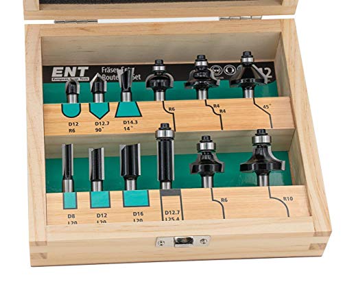 ENT 09012HKB 12-tlg. Fräser Set in Echtholzkassette - Schaft 8 mm - Hartmetall-Schneiden - Einsatz für die Oberfräse von ENT European Norm Tools