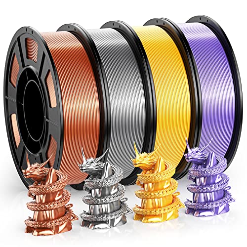 ENTINA PLA Filament Set für 3D Drucker, Seide PLA Filament 1,75 mm 1 kg (250 g x 4 Spulen), Seide Kupfer/Violett/Gold/Silber PLA Filament, Maßgenauigkeit +/- 0,02 mm von ENTINA