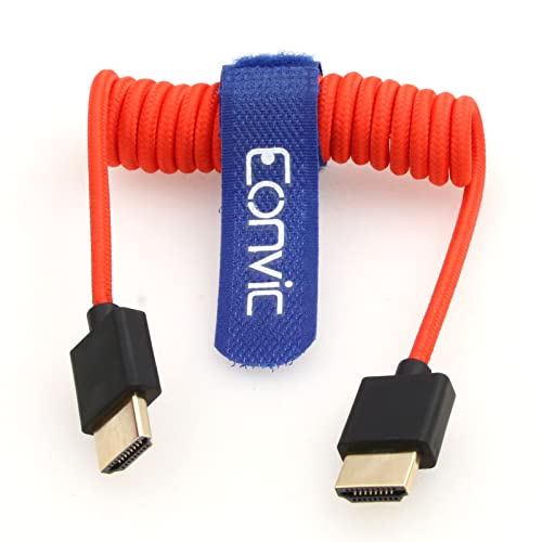Eonvic 2.1 8K HDMI zu HDMI Kabel High Speed Thin HDMI Stecker zu Stecker Extender Coiled Kabel für Atomos Ninja V, Sony a7siii, Portkeys BM5 Monitor (HDMI-HDMI, Red Braided Coiled Cable) von EONVIC