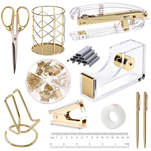 EOOUT Gold Office Supplies Set Schreibtischzubehör, Acryl Heftgerät Set Heftklammerentferner, Telefonhalter, Klebebandhalter, Stifthalter, Lineal, transparenter Kleber und Heftklammern. von EOOUT