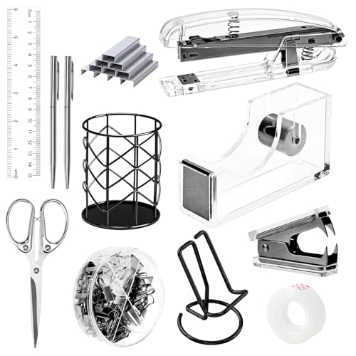 EOOUT Schwarz Bürobedarf Set Schreibtischzubehör Acryl Hefter Set Klammerentferner Telefonhalter Klebebandhalter Stifthalter 2 Kugelschreiber Schere Binder Clips Lineal Transparent von EOOUT