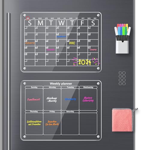 EOTW 2pcs Wochenplaner Abwischbar Magnetisch Familienplaner Acryl Magnettafel Kühlschrank Kalender Planungstafeln Menütafel Memoboard für Kühlschrank mit 11 Farbigen Markern 40x30cm von EOTW