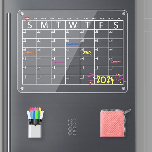 EOTW 2024 Acryl Kalender für Kühlschrank, Magnetischer Abwischbare Kalender(40cm x 30cm) Transparent Monatsplaner Wochenplaner Abwischbar mit 7 Farbigen Markern von EOTW