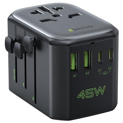 EPICKA Reiseadapter Weltweit, Universal Reisestecker Adapter 45W, All in One Weltweiter Ladegerät mit PD-Schnellladung, Travel Adapter für Europa USA Japan Korea Thailand Australien, Schwarz von EPICKA