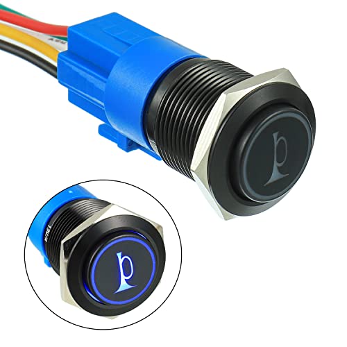 EPLZON 16MM 12V Autohupe Momentan Taste Blau LED Beleuchtet Momentan Metall Lautsprecher Hupe Kippschalter mit Steckdose Stecker Draht (Packung mit 1 Stück Blau) von EPLZON