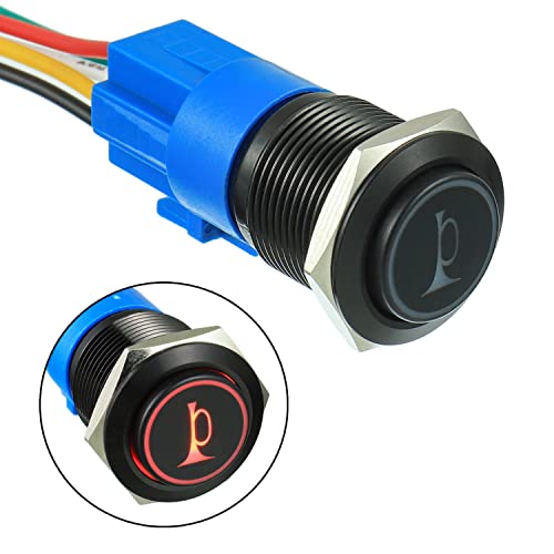 EPLZON 16MM 12V Autohupe Momentan Taste Blau LED Beleuchtet Momentan Metall Lautsprecher Hupe Kippschalter mit Steckdose Stecker Draht (Packung mit 1 Stück Rot) von EPLZON