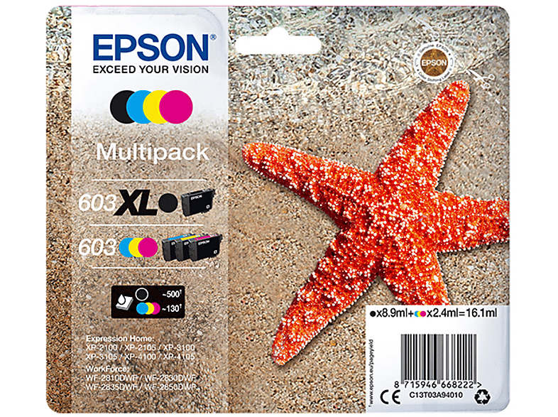 EPSON Multipack Seestern, 603, 4-farbig, Tintenpatrone Schwarz, Gelb, Cyan, Magenta (C13T03A94010) von EPSON