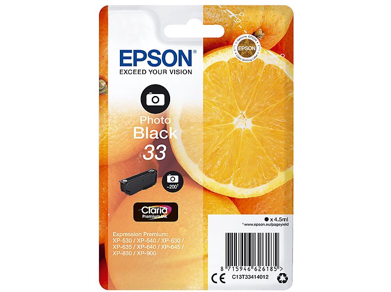 EPSON Orange, 33 Tintenpatrone Photo Schwarz (C13T33414012) von EPSON