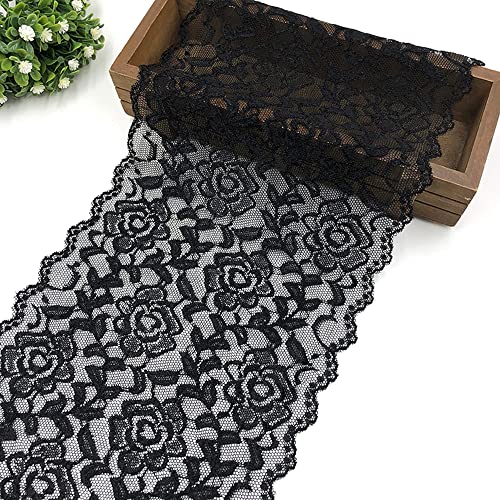 Spitzenband, dekoratives Spitzenband, 3 Yards 18 cm breit, bunte Elastizität, Spitzenbordüre, Spitzenband, Rosenblumenmuster, Spitzenbesatz, dekoratives Band(Black,3 Yards) von EQEQE