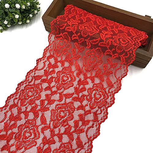 Spitzenband, dekoratives Spitzenband, 3 Yards 18 cm breit, bunte Elastizität, Spitzenbordüre, Spitzenband, Rosenblumenmuster, Spitzenbesatz, dekoratives Band(Red,3 Yards) von EQEQE
