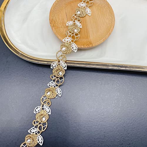 Spitzenband, dekoratives Spitzenband, 3 Yards × 2 cm, zweifarbige bestickte Rosenspitze, Blumen-Spitzenband, Stickerei, dekoratives Band, Besatzband, Weiß + Gold Spitzenband, dekoratives Spitzenband, 3 Yards × 2 cm, zweifarbige bestickte Rosenspitze, Blumen-Spitzenband, Stickerei, dekoratives Band, Besatzband, Weiß + Gold von EQEQE
