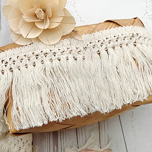 Spitzenband, dekoratives Spitzenband, 9,1 m, 6 cm breit, beige, Baumwollquaste, Spitzenband, Fransenbesatz, Spitzenbesatz for Nähen, Fransenquastenbesatz, Nähzubehör(Beige,3 Yards) von EQEQE