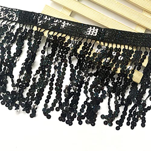 Spitzenband,Deko Spitzenband,1 Yard 16cm Paillettenfransen Quaste Fransenbesatz Schnittfransen Dekoband Zierband Tanzfransen Nähzubehör(Black,3 Yard) von EQEQE