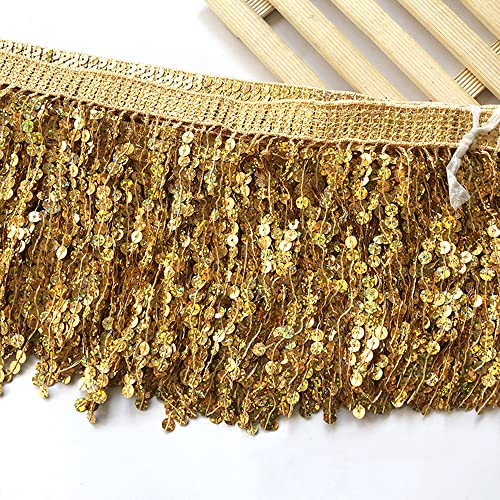 Spitzenband,Deko Spitzenband,1 Yard 16cm Paillettenfransen Quaste Fransenbesatz Schnittfransen Dekoband Zierband Tanzfransen Nähzubehör(Gold,3 Yard) von EQEQE