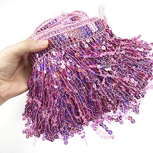 Spitzenband,Deko Spitzenband,1 Yard 16cm Paillettenfransen Quaste Fransenbesatz Schnittfransen Dekoband Zierband Tanzfransen Nähzubehör(Pink,2 Yard) von EQEQE