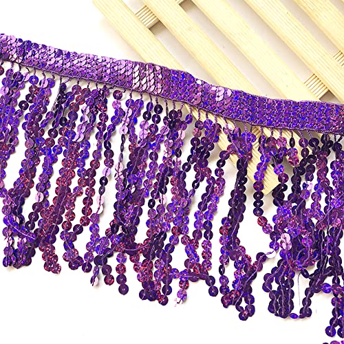 Spitzenband,Deko Spitzenband,1 Yard 16cm Paillettenfransen Quaste Fransenbesatz Schnittfransen Dekoband Zierband Tanzfransen Nähzubehör(Purple,5 Meters) von EQEQE