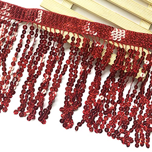 Spitzenband,Deko Spitzenband,1 Yard 16cm Paillettenfransen Quaste Fransenbesatz Schnittfransen Dekoband Zierband Tanzfransen Nähzubehör(Red,2 Yard) von EQEQE