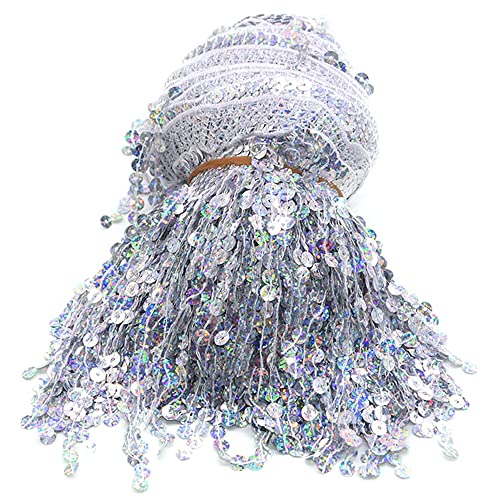 Spitzenband,Deko Spitzenband,1 Yard 16cm Paillettenfransen Quaste Fransenbesatz Schnittfransen Dekoband Zierband Tanzfransen Nähzubehör(Silver,5 Yard) von EQEQE