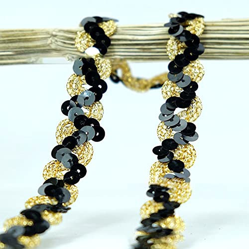 Spitzenband,Deko Spitzenband,12 Meter 18mm Glitzer Pailletten Spitzenband Paillettenband Spitzenbesatz Geflochtenes Dekoband Besatzband(Black gold) von EQEQE