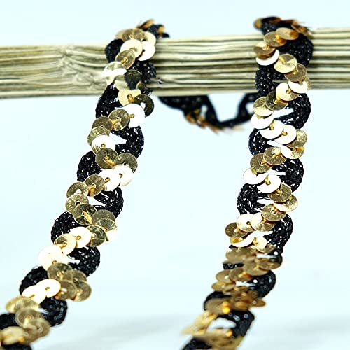 Spitzenband,Deko Spitzenband,12 Meter 18mm Glitzer Pailletten Spitzenband Paillettenband Spitzenbesatz Geflochtenes Dekoband Besatzband(Gold black) von EQEQE