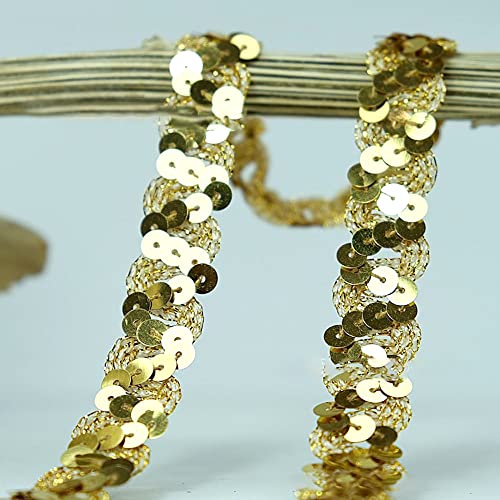 Spitzenband,Deko Spitzenband,12 Meter 18mm Glitzer Pailletten Spitzenband Paillettenband Spitzenbesatz Geflochtenes Dekoband Besatzband(Light Gold a) von EQEQE