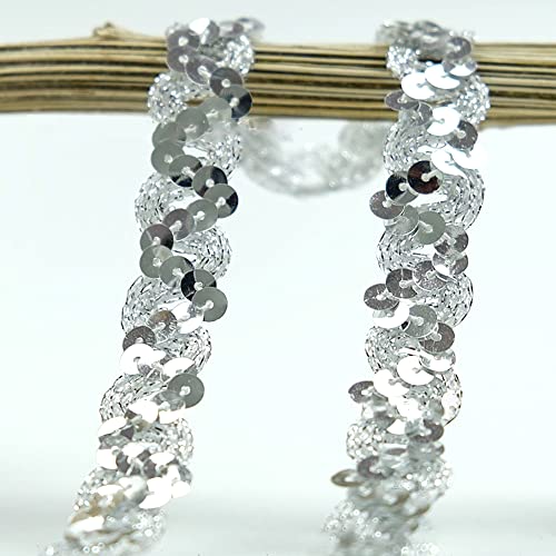 Spitzenband,Deko Spitzenband,12 Meter 18mm Glitzer Pailletten Spitzenband Paillettenband Spitzenbesatz Geflochtenes Dekoband Besatzband(Silver) von EQEQE