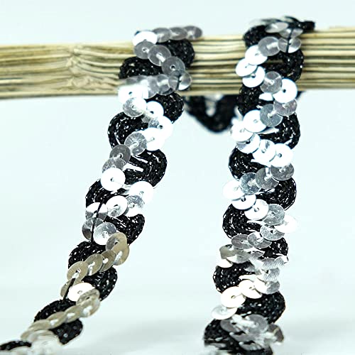 Spitzenband,Deko Spitzenband,12 Meter 18mm Glitzer Pailletten Spitzenband Paillettenband Spitzenbesatz Geflochtenes Dekoband Besatzband(Silver Black) von EQEQE