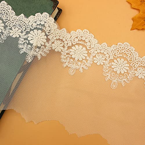 Spitzenband,Deko Spitzenband,13cm Breit 4 Meter Baumwolle Stickerei Blumen Spitzenband Spitzenbesatz Breiter Spitzenbesatz Spitze Dekoband(White,9Yards) von EQEQE