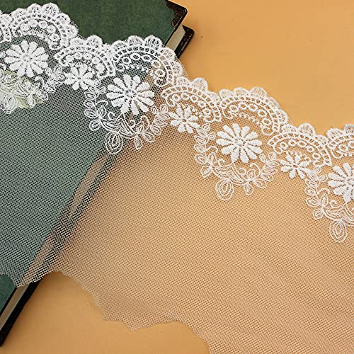 Spitzenband,Deko Spitzenband,13cm Breit 4 Meter Baumwolle Stickerei Blumen Spitzenband Spitzenbesatz Breiter Spitzenbesatz Spitze Dekoband(White 1#,4Yards) von EQEQE