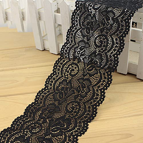 Spitzenband,Deko-Spitzenband,3 Meter Elastizität Spitzenbordüre Spitzenband,10cm Weiße Spitze Blumen Bordüre Dekorative Spitze Dekoband Spitzenstoff(Black,10cm x 3Yard) von EQEQE