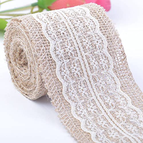 Spitzenband,Deko Spitzenband,6m Juteband mit Spitze, Breite 6cm Vintage Spitzen Jutebänder, Natur Jutebänder und Spitzen Dekoband(Beige,1x 2m) von EQEQE