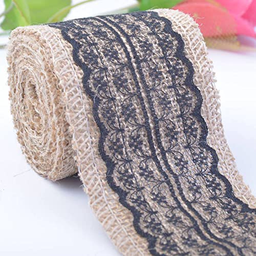 Spitzenband,Deko Spitzenband,6m Juteband mit Spitze, Breite 6cm Vintage Spitzen Jutebänder, Natur Jutebänder und Spitzen Dekoband(Black,5x 2m) von EQEQE