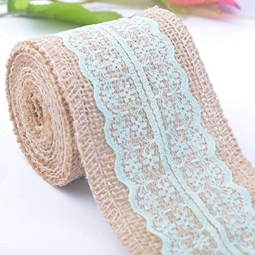 Spitzenband,Deko Spitzenband,6m Juteband mit Spitze, Breite 6cm Vintage Spitzen Jutebänder, Natur Jutebänder und Spitzen Dekoband(Blue,5x 2m) von EQEQE
