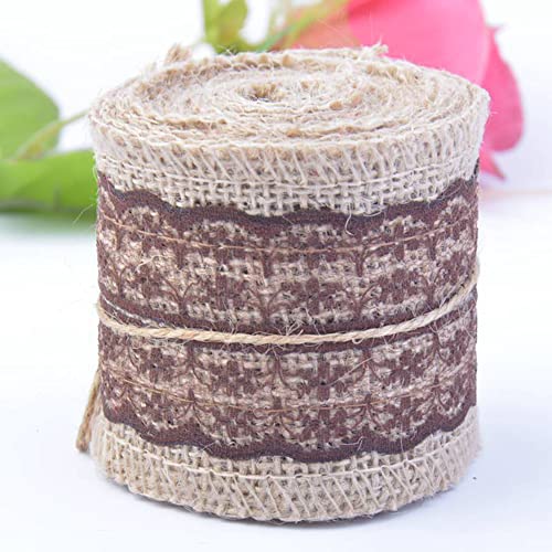 Spitzenband,Deko Spitzenband,6m Juteband mit Spitze, Breite 6cm Vintage Spitzen Jutebänder, Natur Jutebänder und Spitzen Dekoband(Coffee,5x 2m) von EQEQE