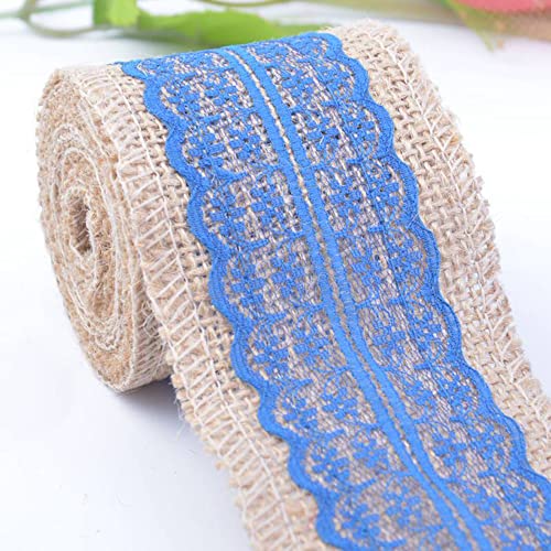 Spitzenband,Deko Spitzenband,6m Juteband mit Spitze, Breite 6cm Vintage Spitzen Jutebänder, Natur Jutebänder und Spitzen Dekoband(Darkblue,5x 2m) von EQEQE