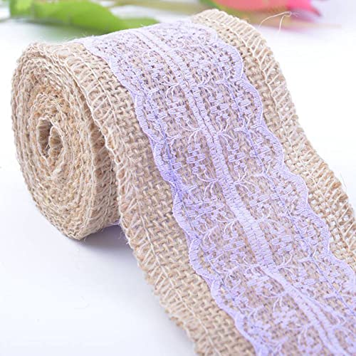 Spitzenband,Deko Spitzenband,6m Juteband mit Spitze, Breite 6cm Vintage Spitzen Jutebänder, Natur Jutebänder und Spitzen Dekoband(Light Purple,4x 2m) von EQEQE