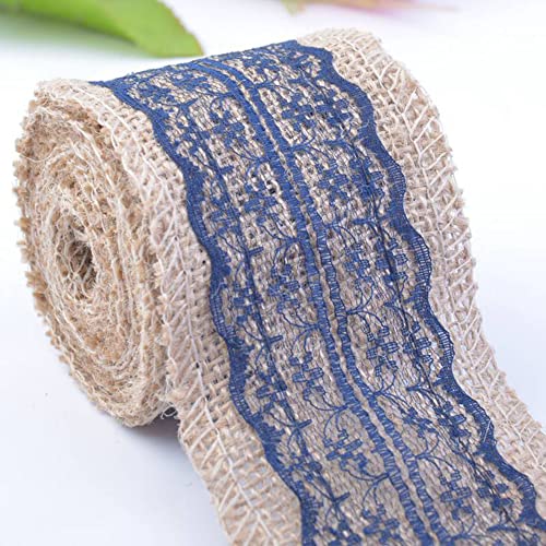 Spitzenband,Deko Spitzenband,6m Juteband mit Spitze, Breite 6cm Vintage Spitzen Jutebänder, Natur Jutebänder und Spitzen Dekoband(Navy Blue,5x 2m) von EQEQE