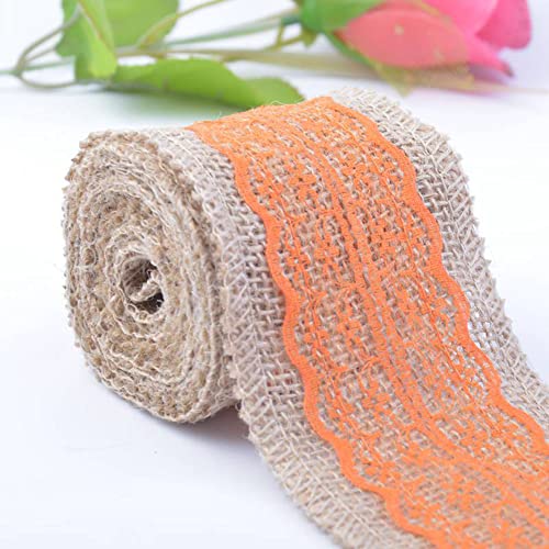 Spitzenband,Deko Spitzenband,6m Juteband mit Spitze, Breite 6cm Vintage Spitzen Jutebänder, Natur Jutebänder und Spitzen Dekoband(Orange,5x 2m) von EQEQE
